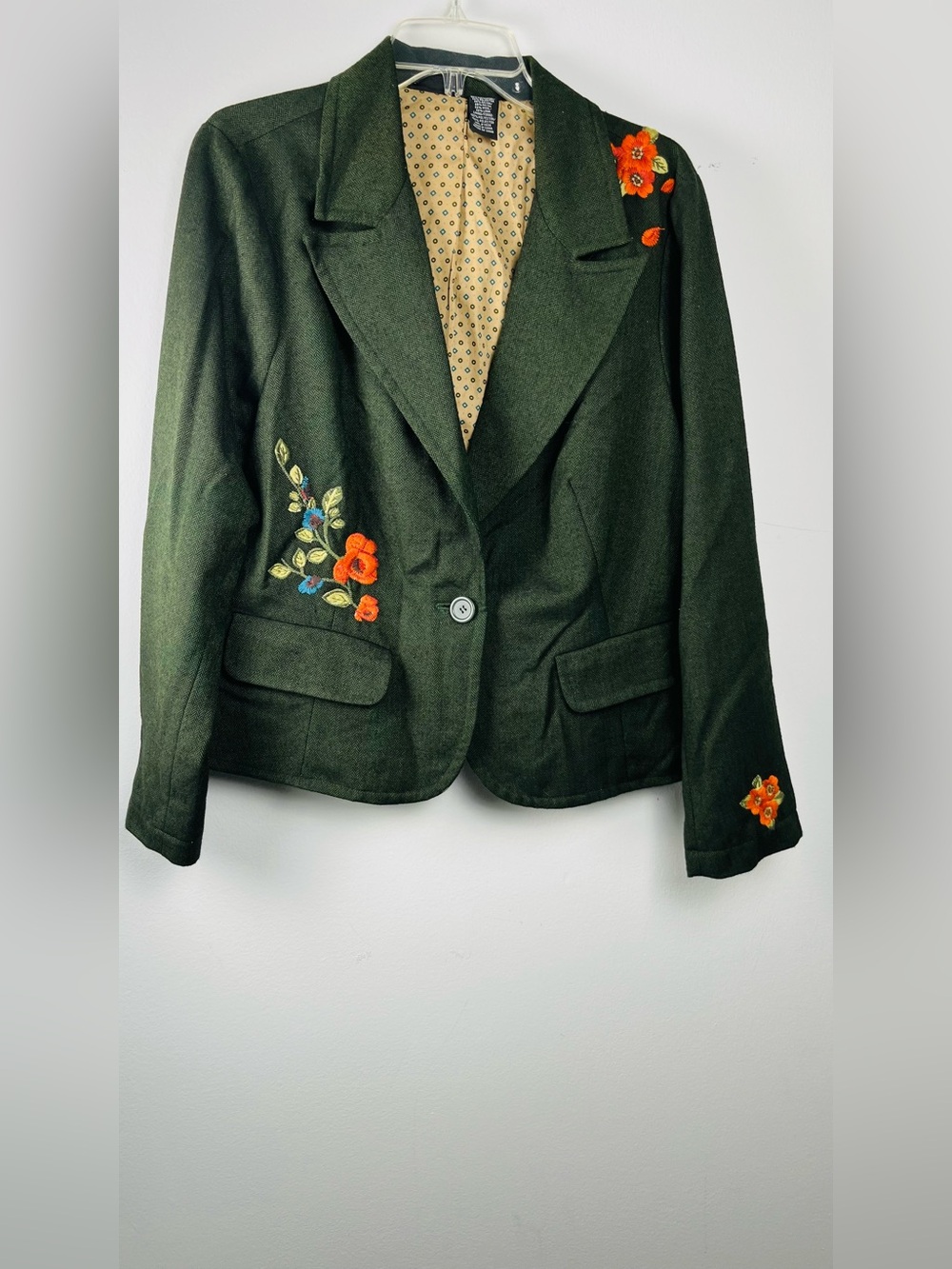 Dark Green Embroidered Women's Blazer Jacket with Orange Floral Accents
